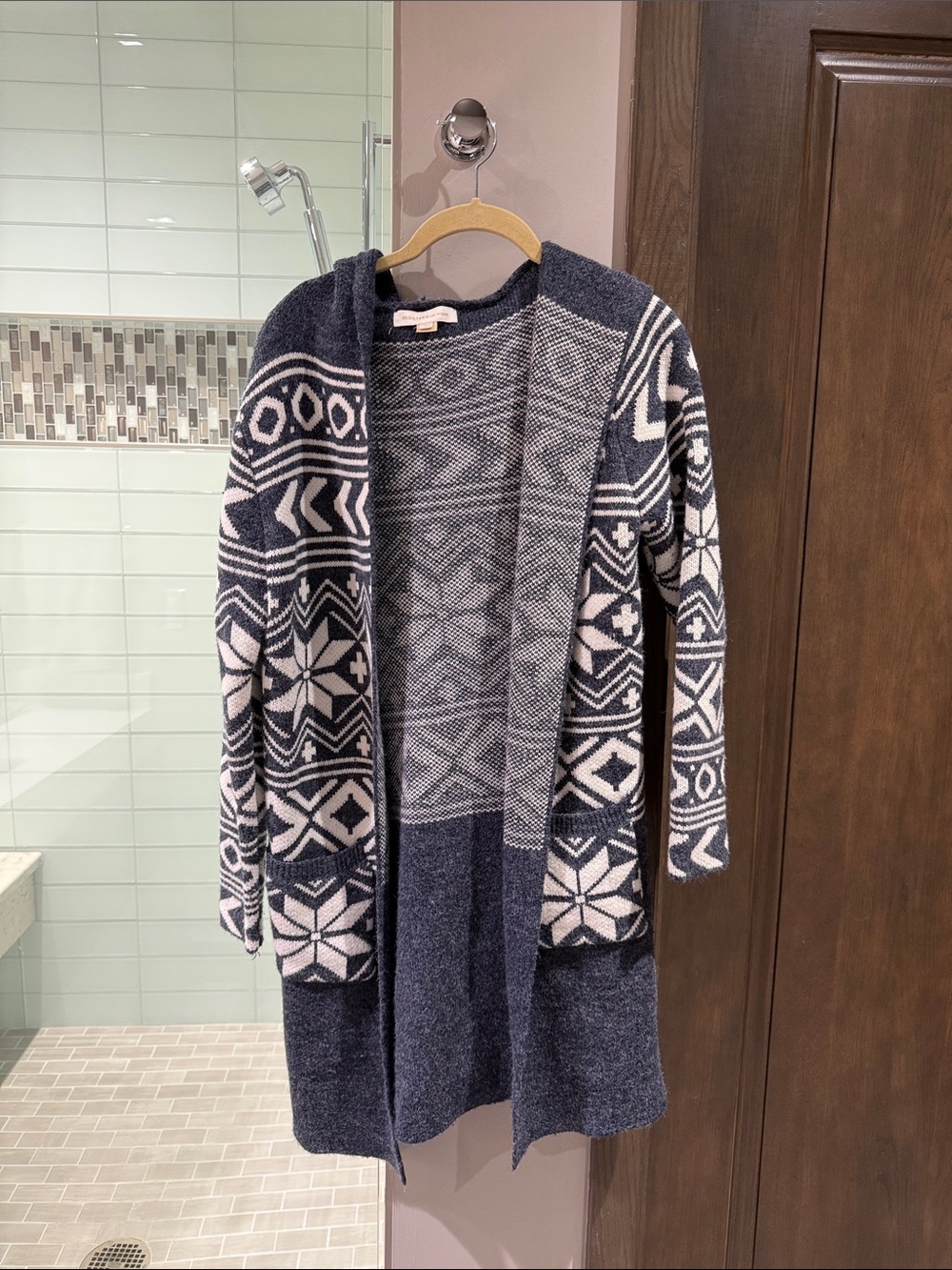 Monteau Navy and White Hooded Fair Isle Open-Front Cardigan